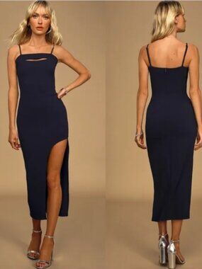 Lulus Stunned and Speechless Navy Blue Cutout Bodycon Midi Dress